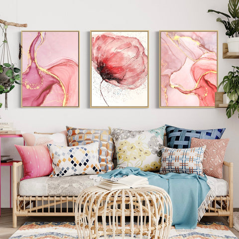 Pink Gold Flowers Canvas Framed Wall Art FR-1035