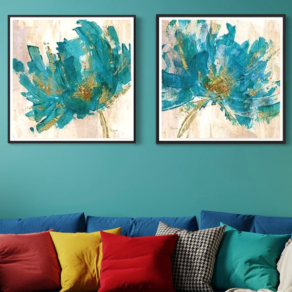 Turquoise Flower Canvas Framed Wall Art FR-1249