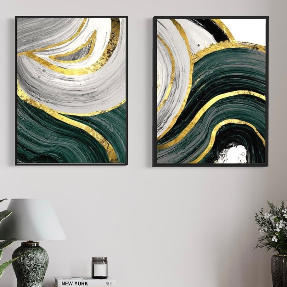 Green Gray With Gold Canvas Framed Wall Art FR-1084