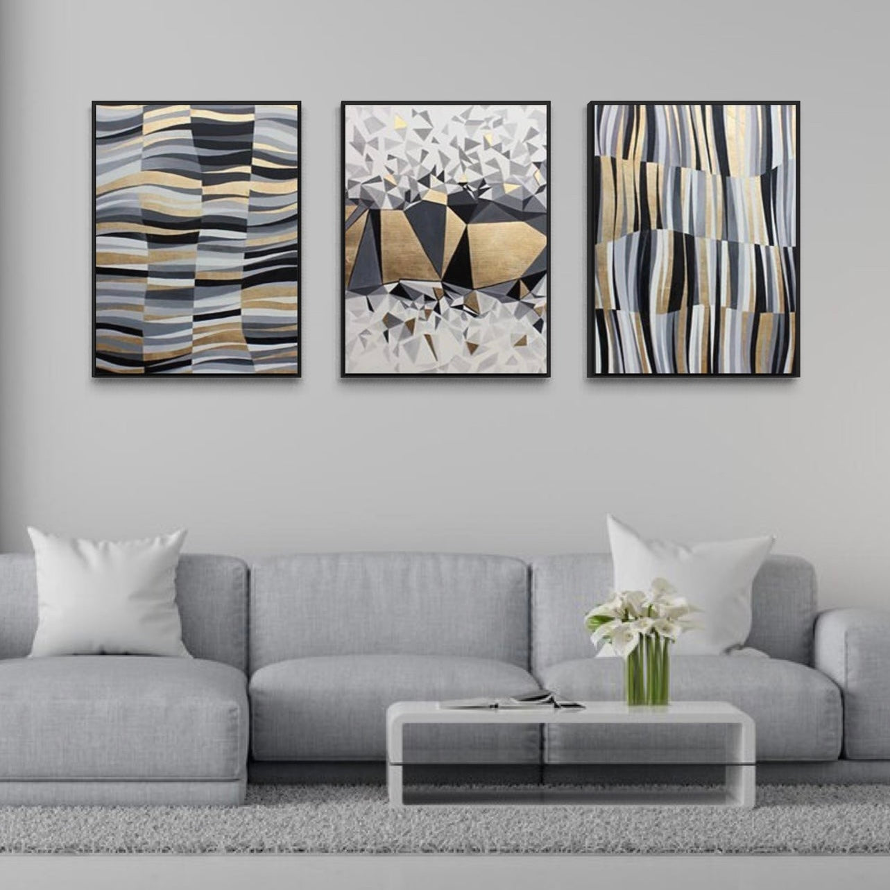 Gold Black Gray Abstract Canvas Framed Wall Art FR-1261