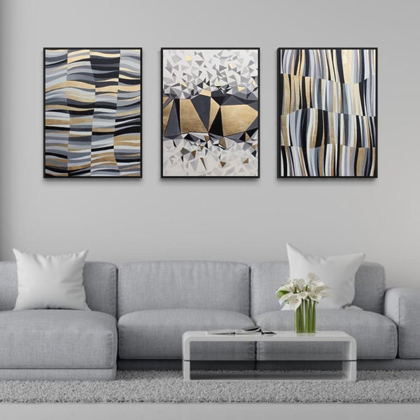 Gold Black Gray Abstract Canvas Framed Wall Art FR-1261