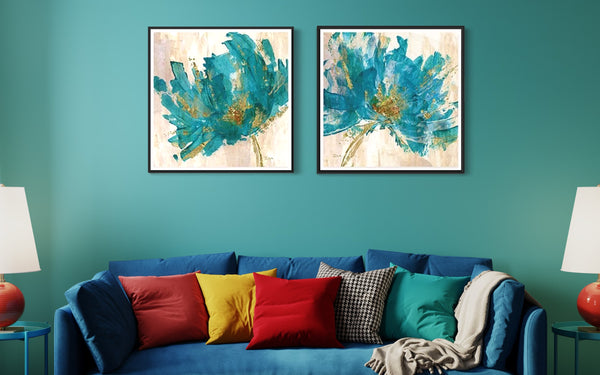 Turquoise Flower Canvas Framed Wall Art FR-1249