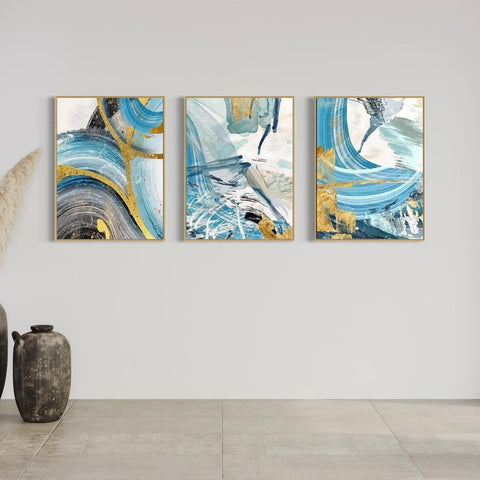 Blue Gold Abstract Canvas Framed Wall Art FR-1013