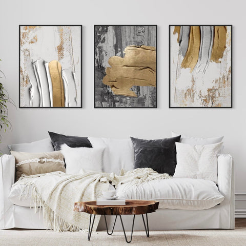 Gold White Abstract Canvas Framed Wall Art FR-1075