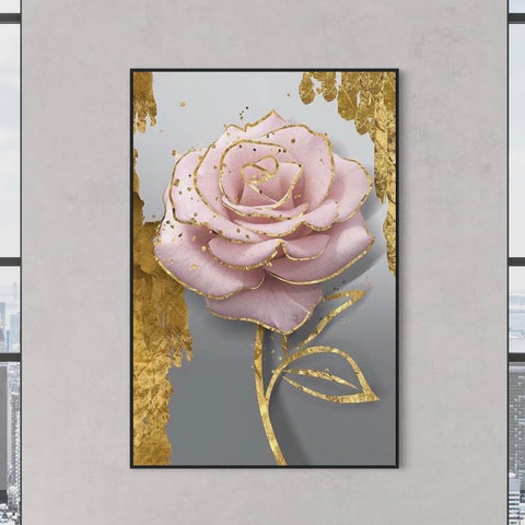 Pink Gold Gray Flower Canvas Framed Wall Art FR-1027