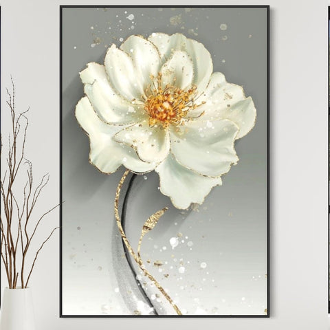 White Gold Flower Canvas Framed Wall Art FR-1026