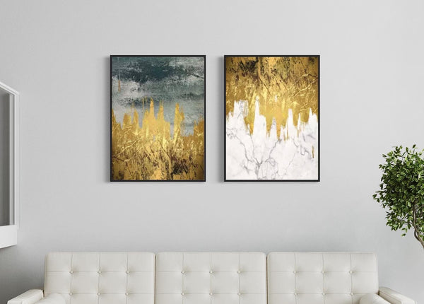 Gold White Gray Abstract Canvas Framed Wall Art FR-1221