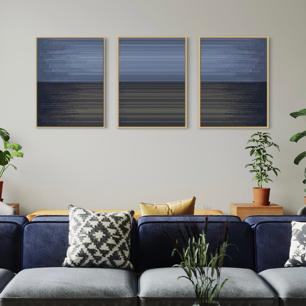 Modern Blue Black Lines Canvas Framed Wall Art FR-1265