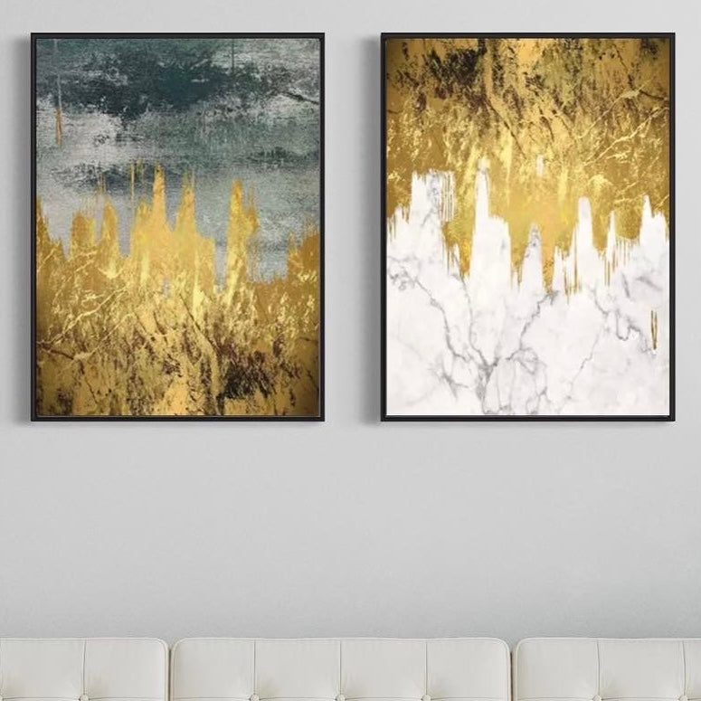 Gold White Gray Abstract Canvas Framed Wall Art FR-1221